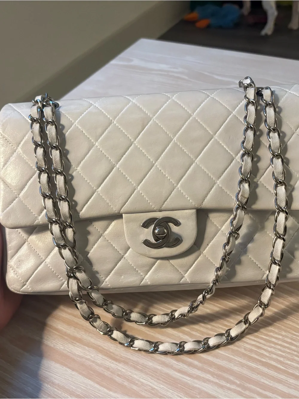 CHANEL White Quilted Lambskin Classic Flap Medium